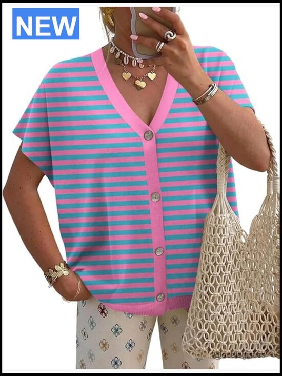 Sweaters - Oversized V-Neck Short Sleeve Button Cardigan Lightweight Knit